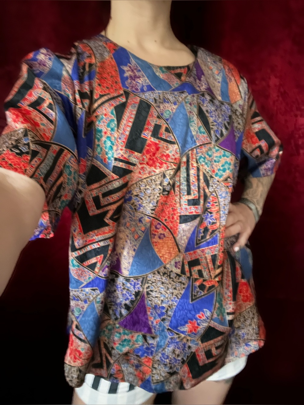 Vintage Silky Multicolor Geometric Floral Short Sleeve Tee — Women
